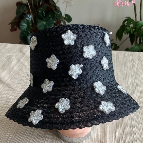 Black Bucket Hat with White Sequined Beaded Floral Accents - Picture 2 of 4